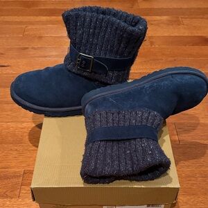 UGG Dark Navy Knit-Cuff Suede Ankle Boots with Buckle